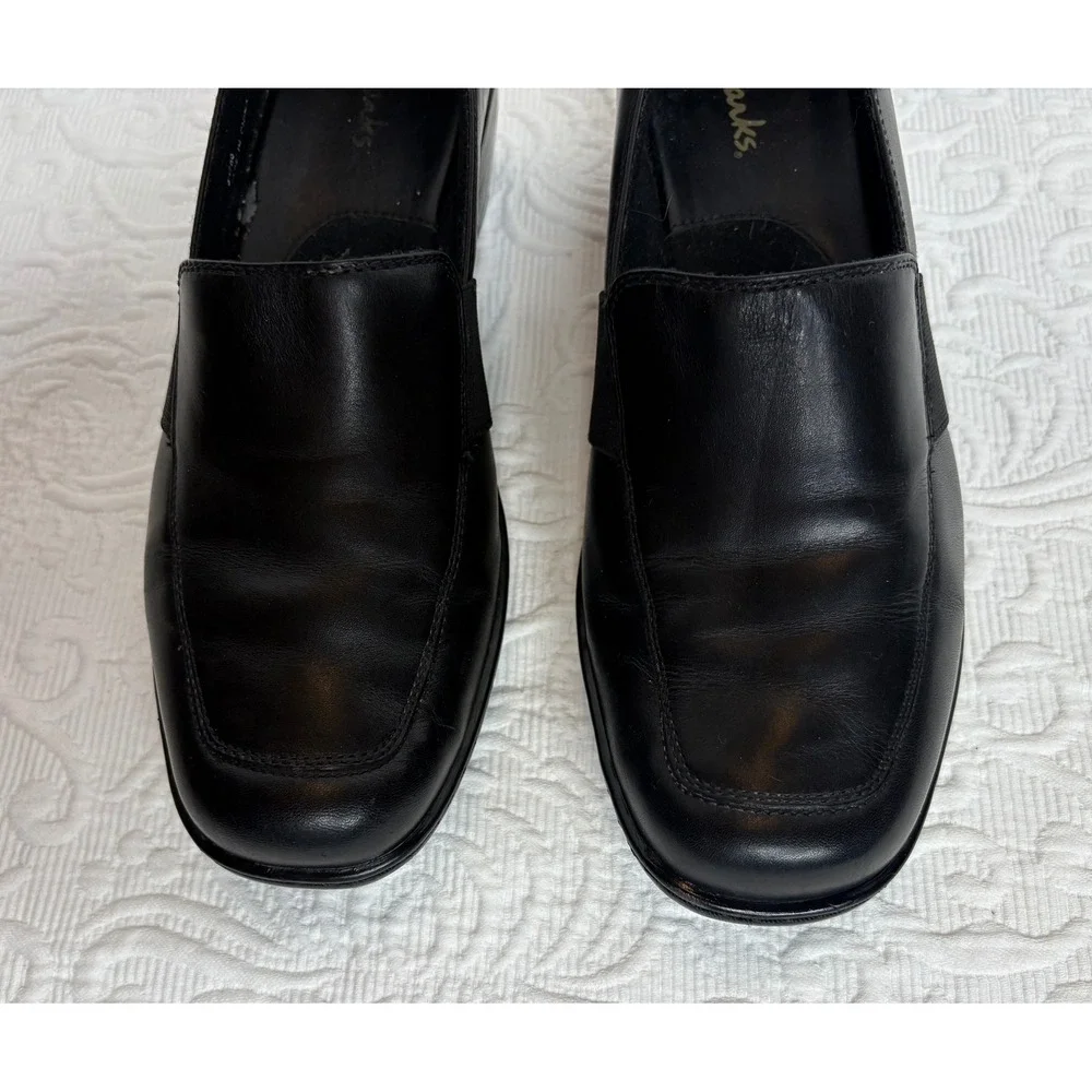 Clarks Womens Black Leather Slip On Loafers Low Wedge Square‎ Toe Shoes Size 10M